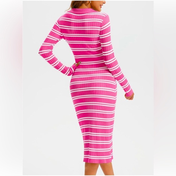 NEW Womens Striped Sweater Dress V Neck Collared Long Sleeve Color Block Bodycon - Picture 3 of 10